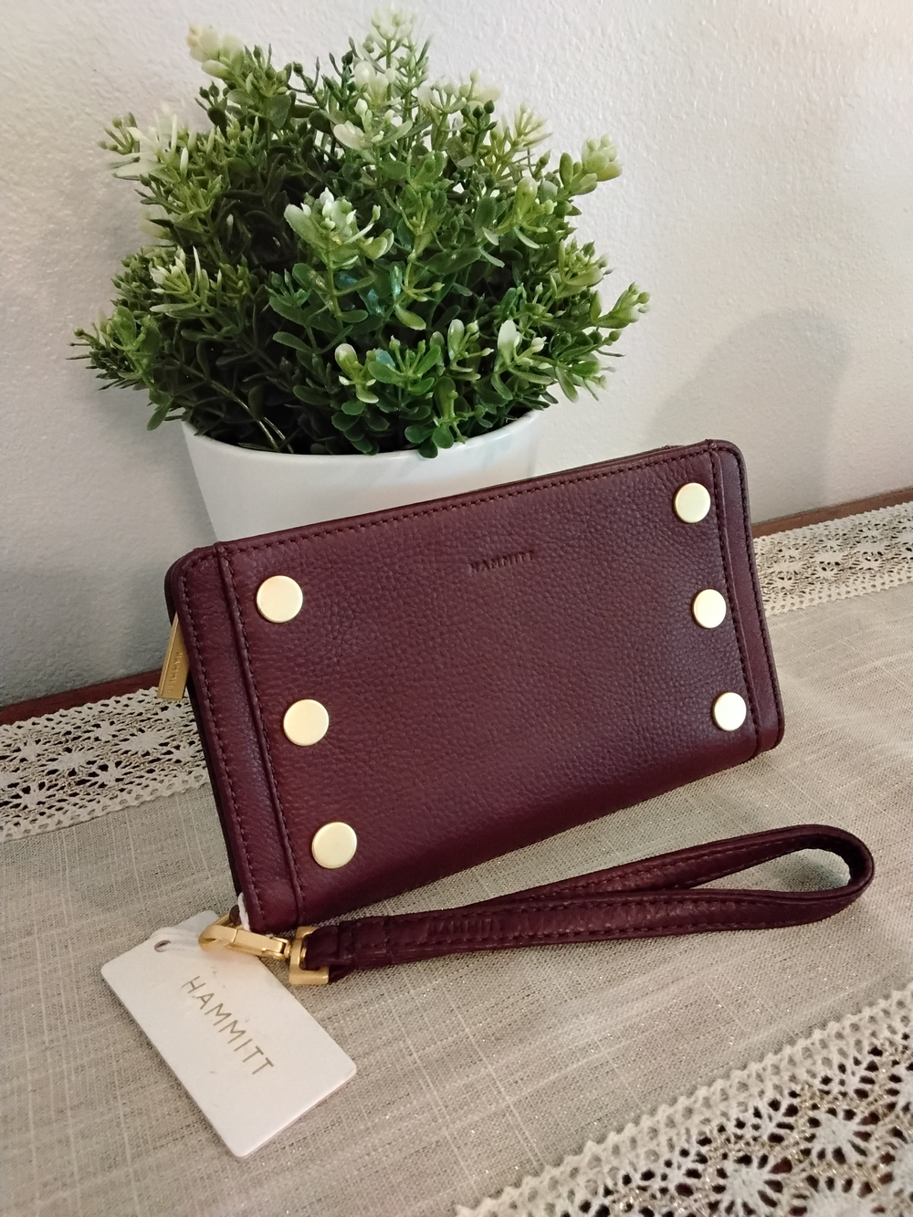Hammitt Women’s Burgundy Wristlet Wallet with Gold Studs